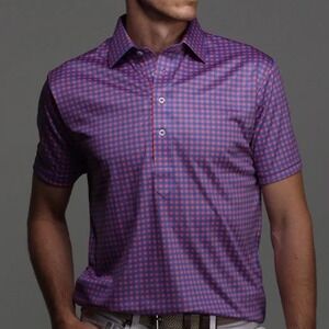 NEW Collars & Co Mens Medium Gingham Polo Shirt Blue Red Short Sleeve Dress Polo